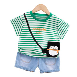 Kids Green & Blue Striped Pure Cotton T-shirt with Shorts