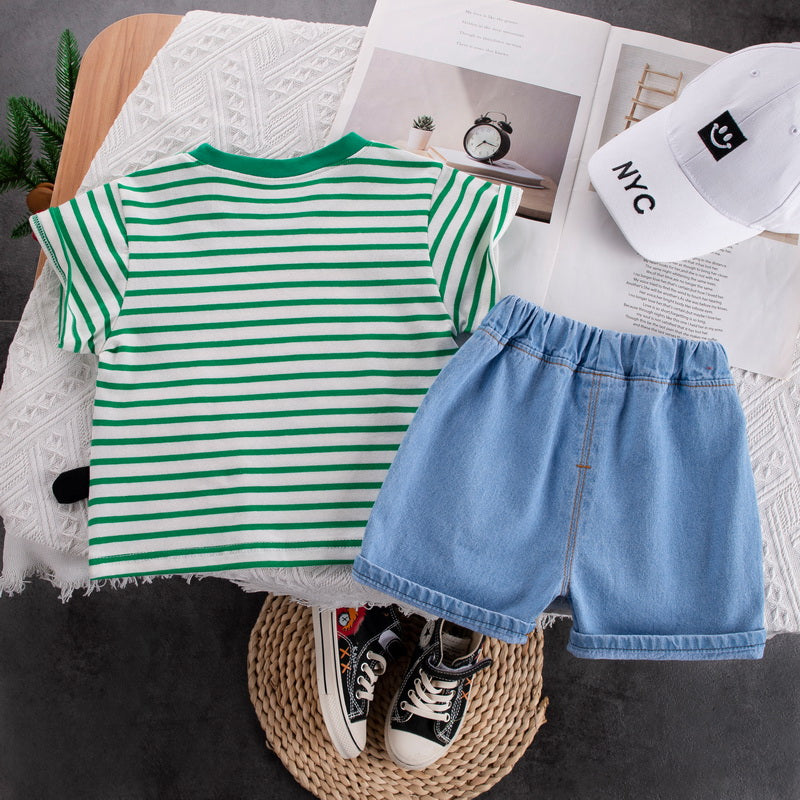 Kids Green & Blue Striped Pure Cotton T-shirt with Shorts