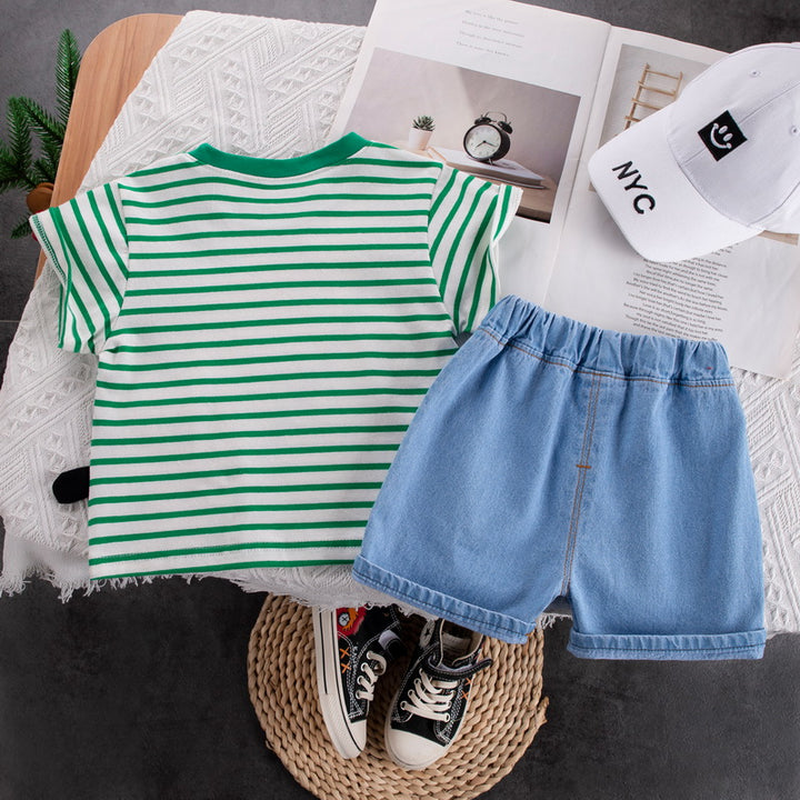 Kids Green & Blue Striped Pure Cotton T-shirt with Shorts