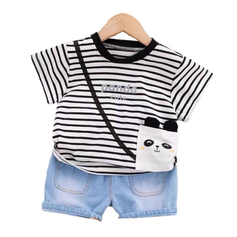 Kids Black Striped Pure Cotton T-shirt with Shorts