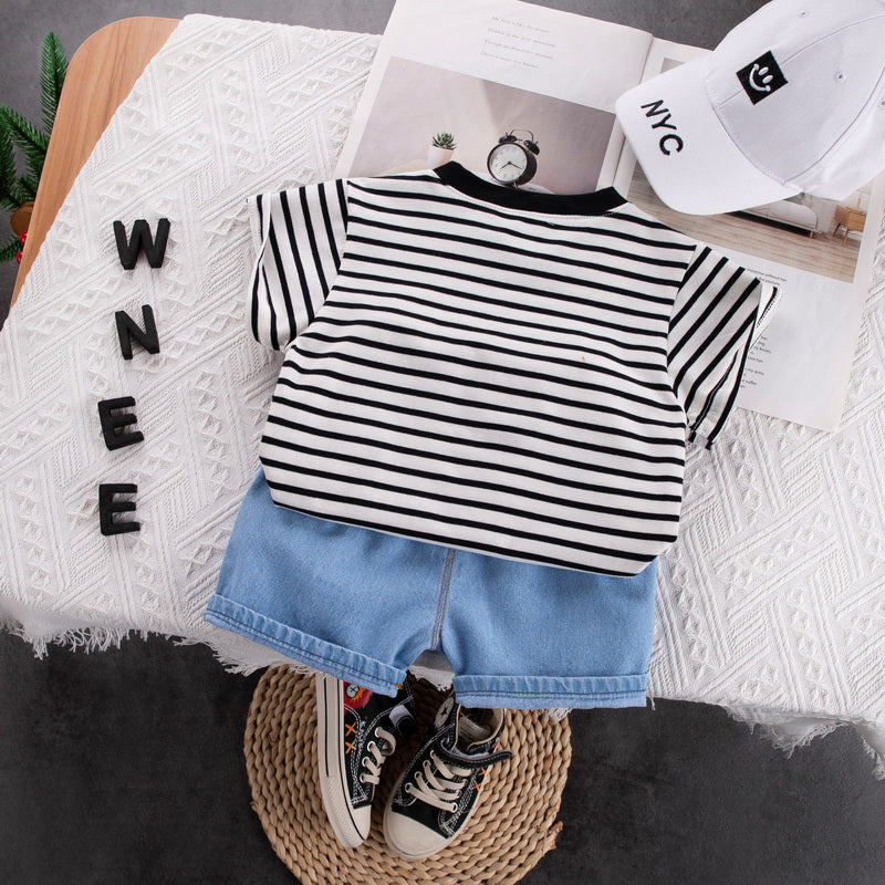 Kids Black Striped Pure Cotton T-shirt with Shorts