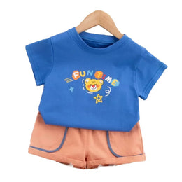 Kids Blue Printed Pure Cotton T-shirt With Shorts Clothing Set