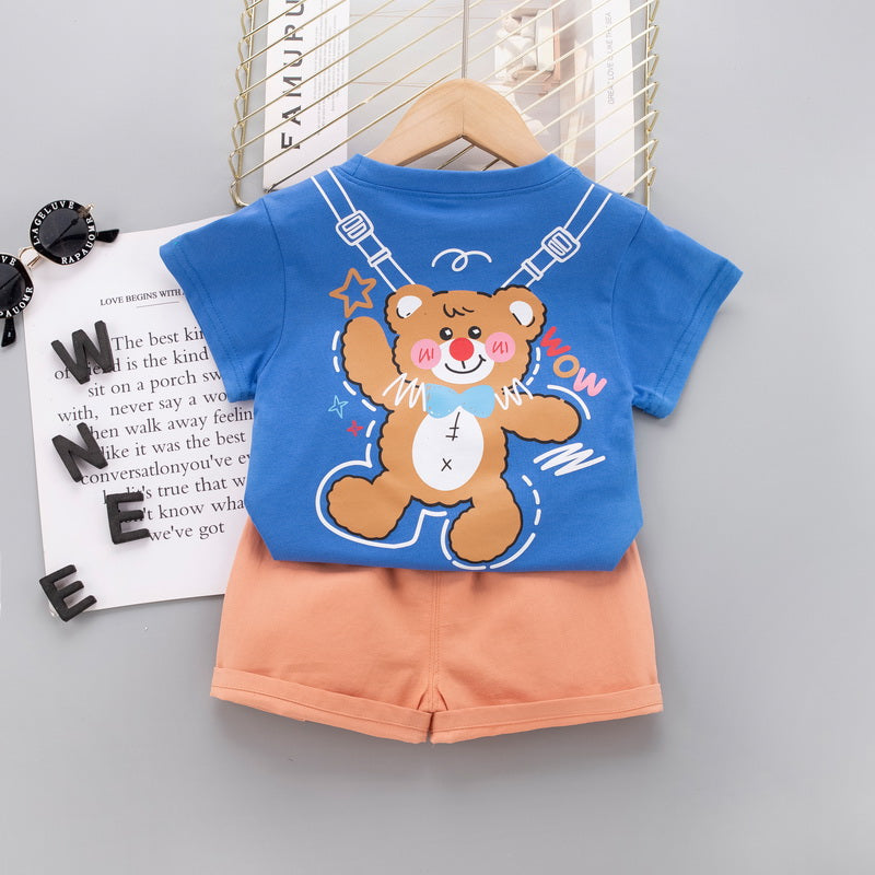 Kids Blue Printed Pure Cotton T-shirt With Shorts Clothing Set