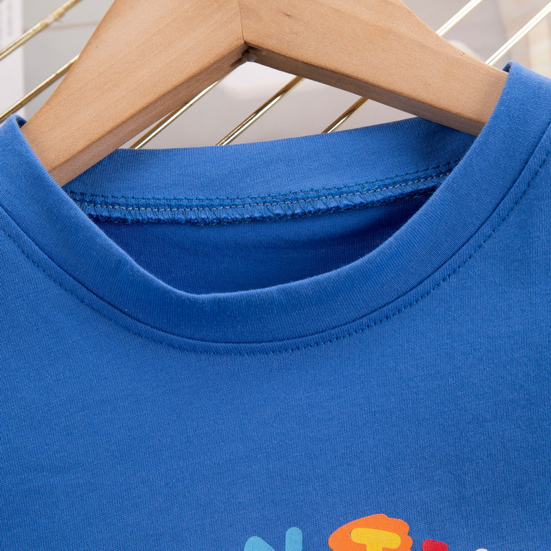 Kids Blue Printed Pure Cotton T-shirt With Shorts Clothing Set
