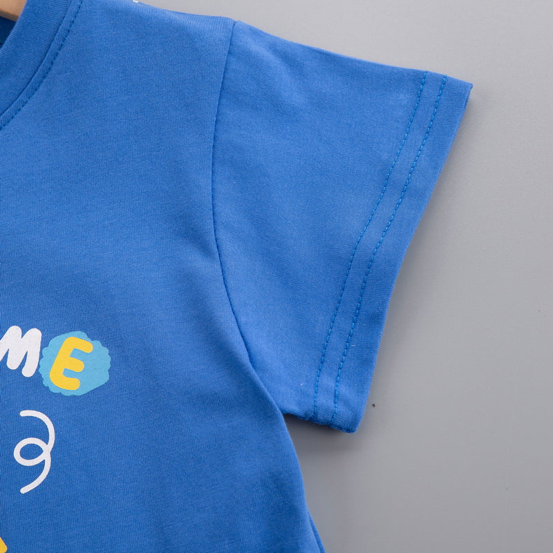 Kids Blue Printed Pure Cotton T-shirt With Shorts Clothing Set