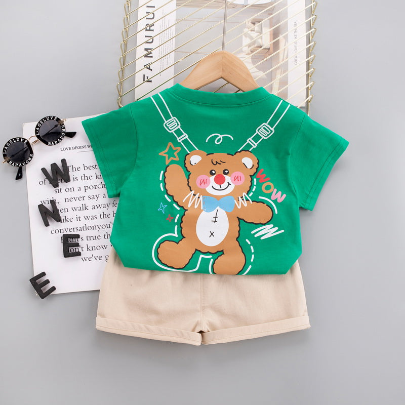 Kids Green Printed Pure Cotton T-shirt With Shorts