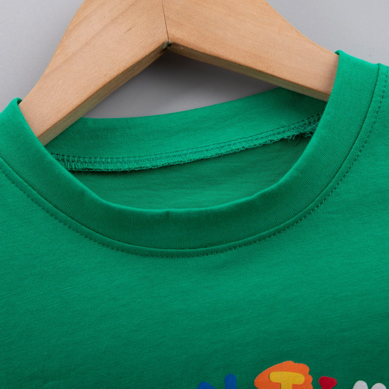 Kids Green Printed Pure Cotton T-shirt With Shorts