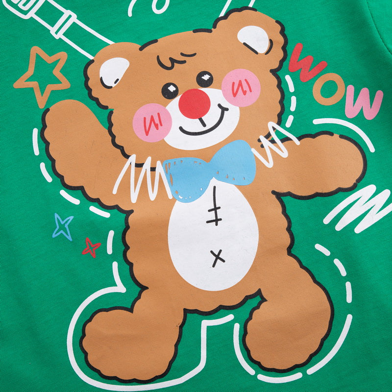 Kids Green Printed Pure Cotton T-shirt With Shorts