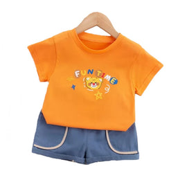 Boys Orange Teddy Bear Printed Pure Cotton T-shirt With Shorts