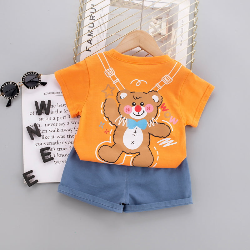 Boys Orange Teddy Bear Printed Pure Cotton T-shirt With Shorts