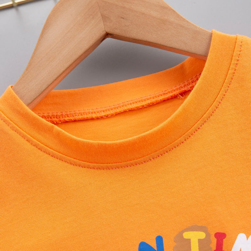 Boys Orange Teddy Bear Printed Pure Cotton T-shirt With Shorts
