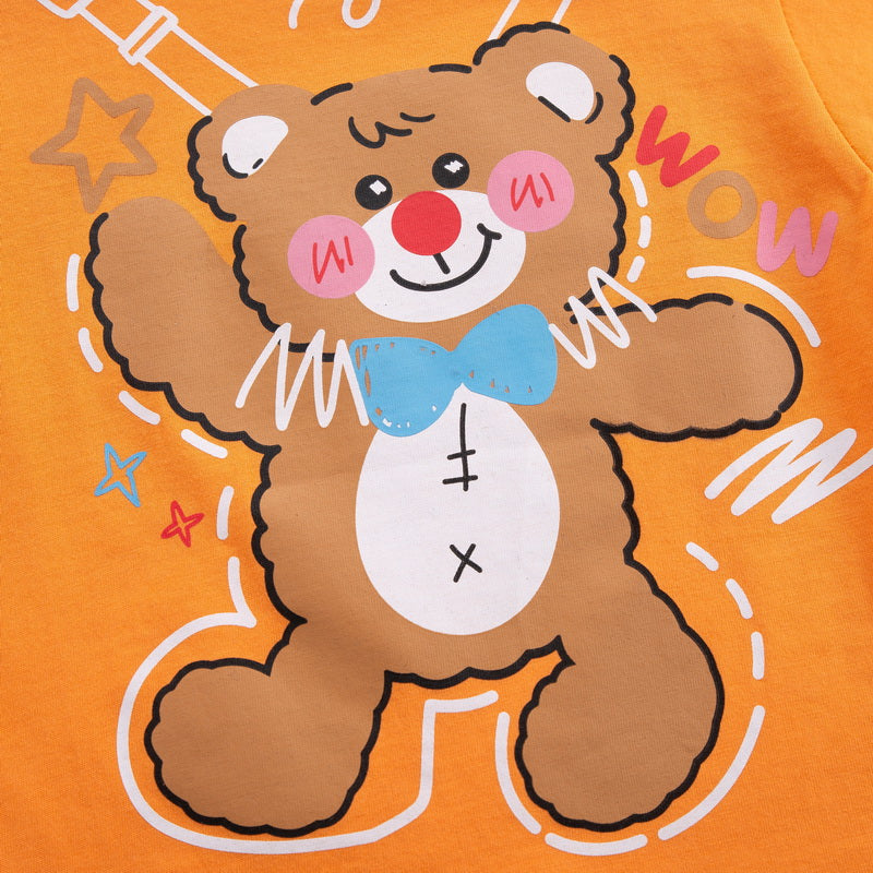 Boys Orange Teddy Bear Printed Pure Cotton T-shirt With Shorts