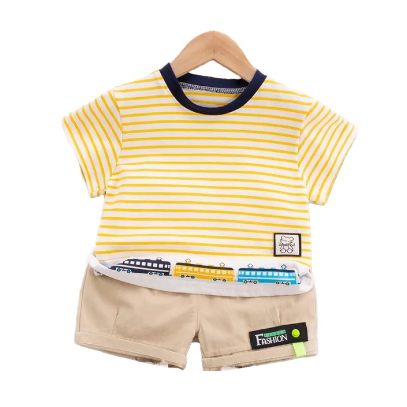 Kids Yellow Striped Pure Cotton T-shirt With Shorts