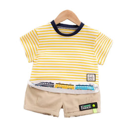 Kids Yellow Striped Pure Cotton T-shirt With Shorts
