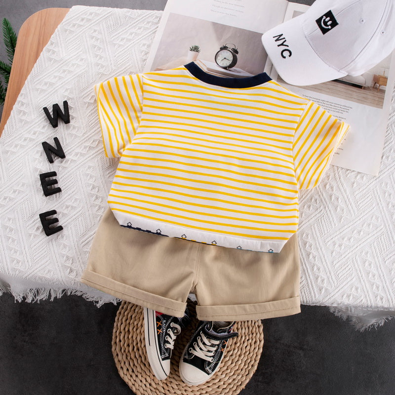 Kids Yellow Striped Pure Cotton T-shirt With Shorts