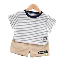 Kids Grey Striped Pure Cotton T-shirt with Shorts