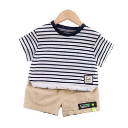 Boys Black Striped Pure Cotton T-shirt With Shorts