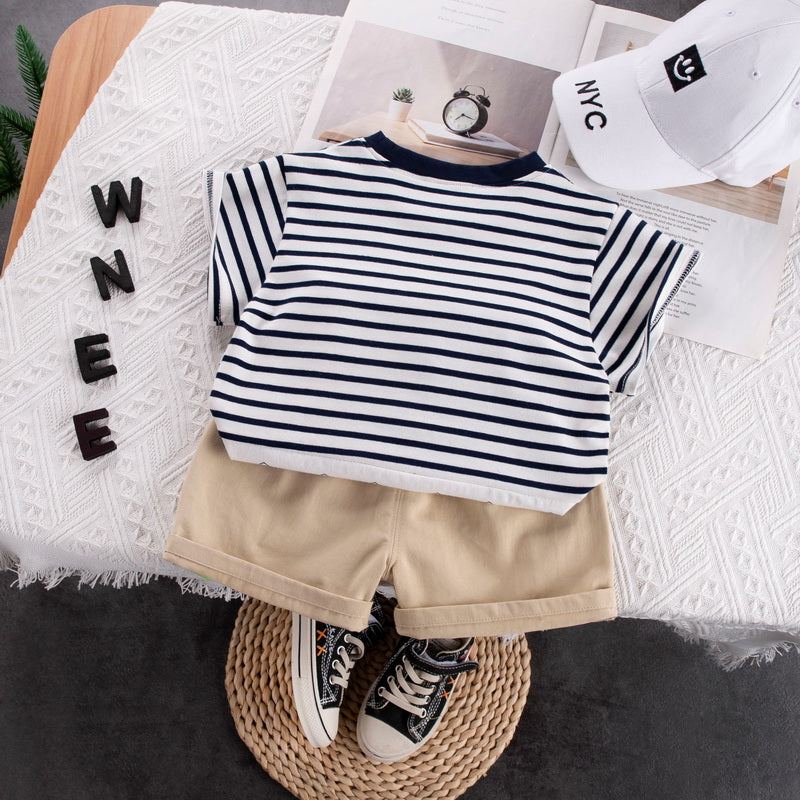 Boys Black Striped Pure Cotton T-shirt With Shorts