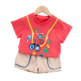 Kids Red Printed Pure Cotton T-shirt With Shorts Clothing Set