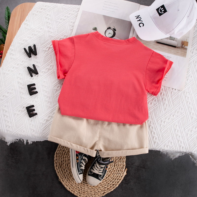 Kids Red Printed Pure Cotton T-shirt With Shorts Clothing Set