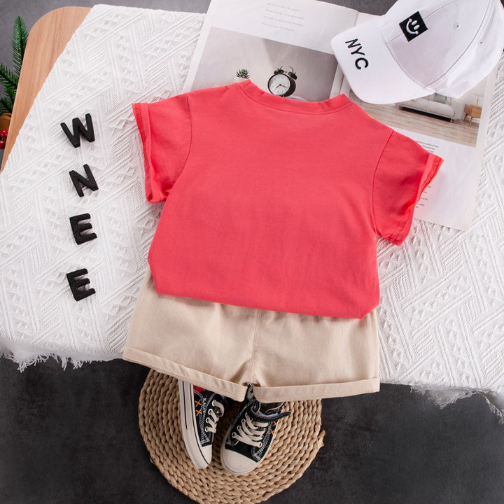 Kids Red Printed Pure Cotton T-shirt With Shorts Clothing Set