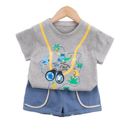 Kids Grey Graphic Printed Pure Cotton T-shirt with Shorts