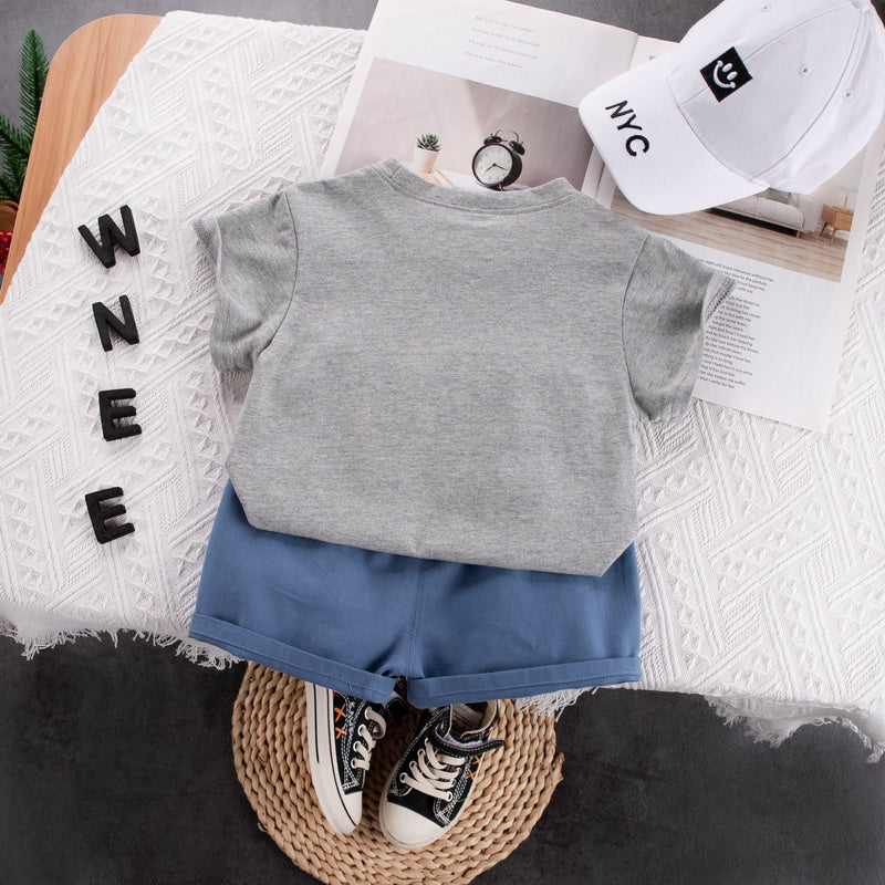 Kids Grey Graphic Printed Pure Cotton T-shirt with Shorts