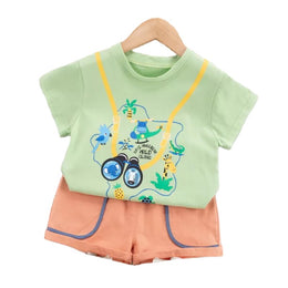 Kids Green Printed Pure Cotton T-shirt With Shorts