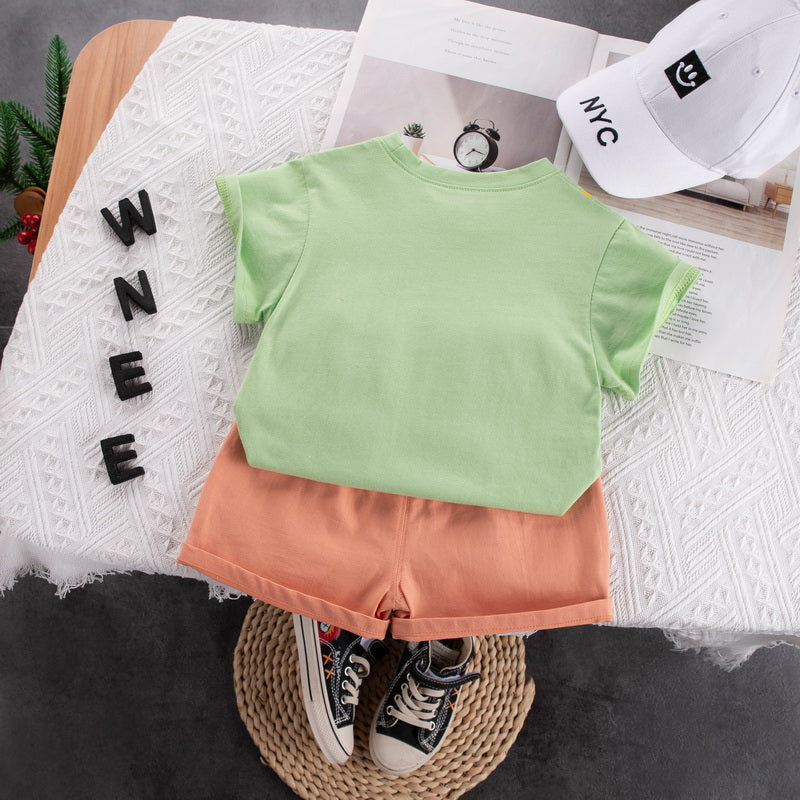 Kids Green Printed Pure Cotton T-shirt With Shorts