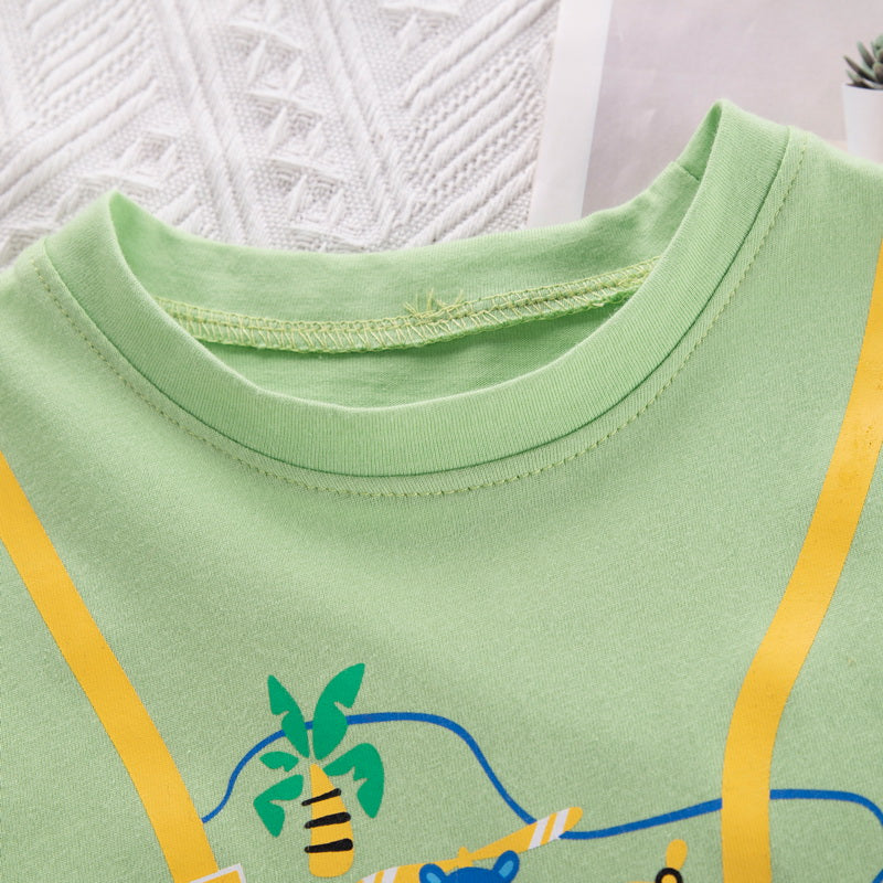 Kids Green Printed Pure Cotton T-shirt With Shorts