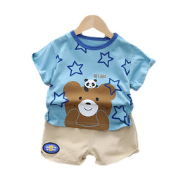 Kids Blue Printed Pure Cotton T-shirt With Shorts Clothing Set