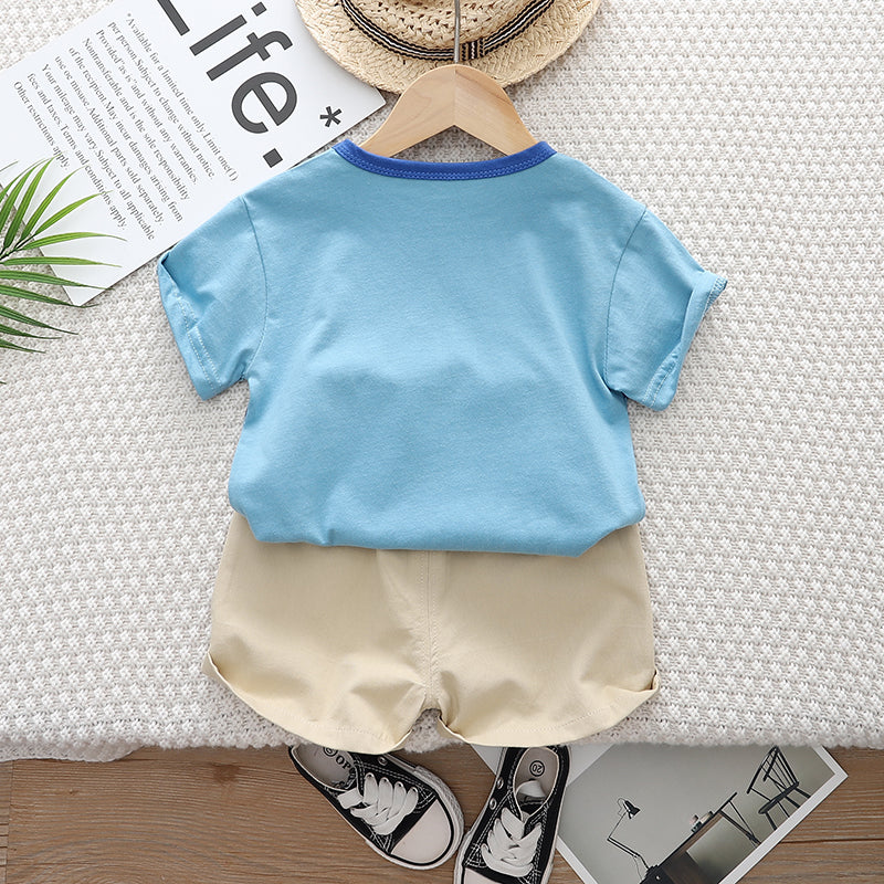Kids Blue Printed Pure Cotton T-shirt With Shorts Clothing Set