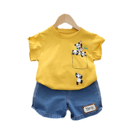Kids Yellow Printed Pure Cotton T-shirt with Shorts