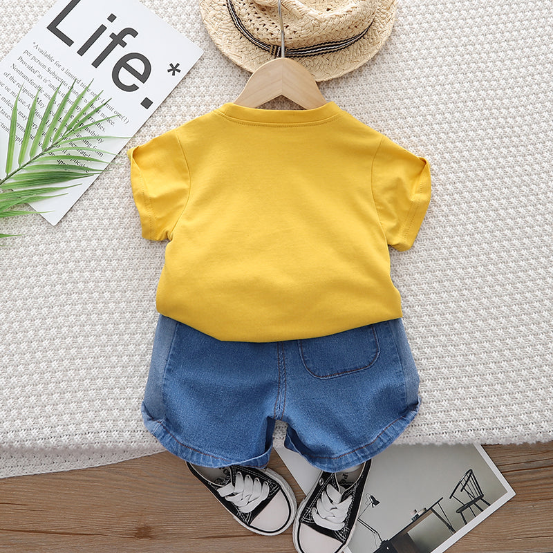 Kids Yellow Printed Pure Cotton T-shirt with Shorts