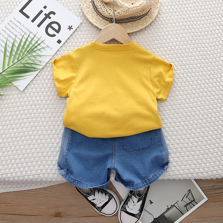 Kids Yellow Printed Pure Cotton T-shirt with Shorts