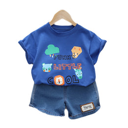 Kids Blue Typography Printed Pure Cotton T-shirt With Shorts