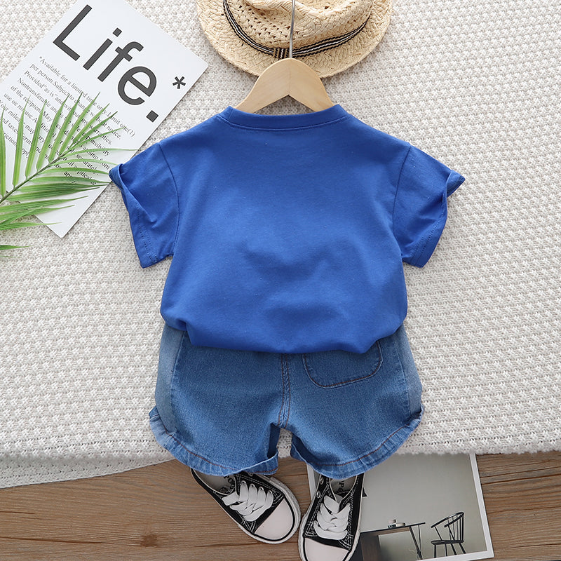 Kids Blue Typography Printed Pure Cotton T-shirt With Shorts
