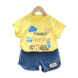 Kids Yellow Printed Pure Cotton T-shirt with Shorts