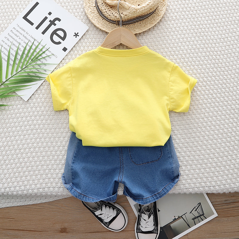 Kids Yellow Printed Pure Cotton T-shirt with Shorts