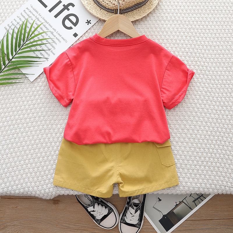 Kids Red Printed Pure Cotton T-shirt With Shorts