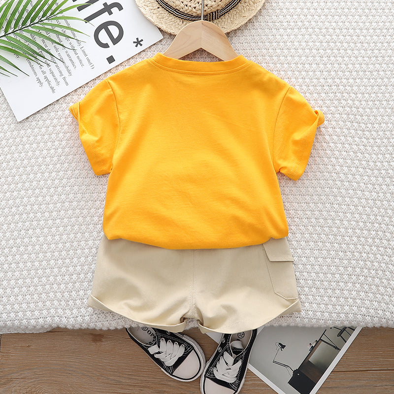 Kids Yellow Graphic Printed Pure Cotton T-shirt With Shorts