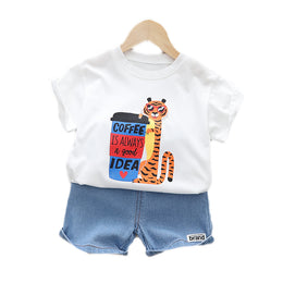 Kids White Printed Pure Cotton T-shirt with Shorts