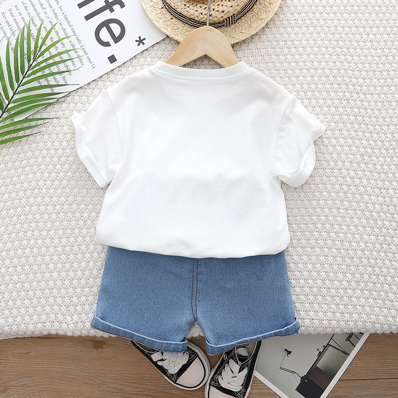 Kids White Printed Pure Cotton T-shirt with Shorts