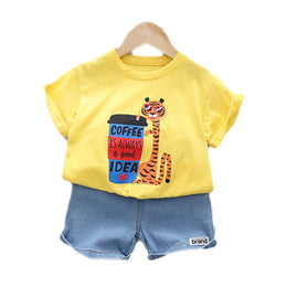 Kids Yellow Printed Pure Cotton T-shirt With Shorts Clothing Set