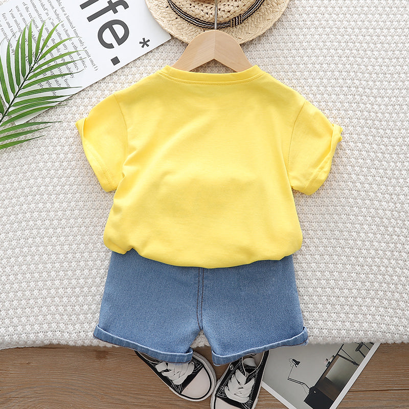 Kids Yellow Printed Pure Cotton T-shirt With Shorts Clothing Set