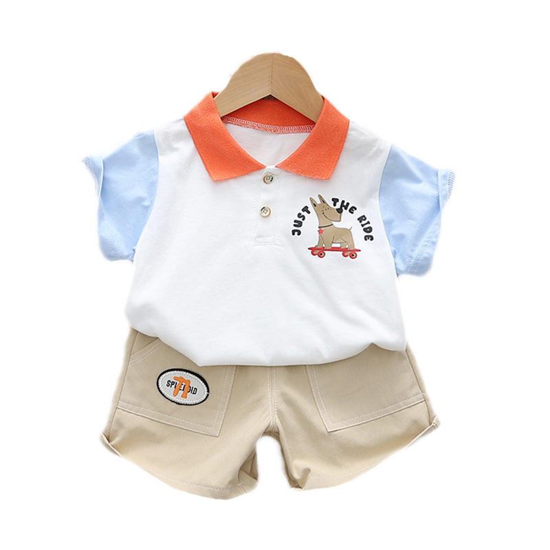 Kids White Printed Polo Collar Pure Cotton T-shirt With Shorts Clothing Set