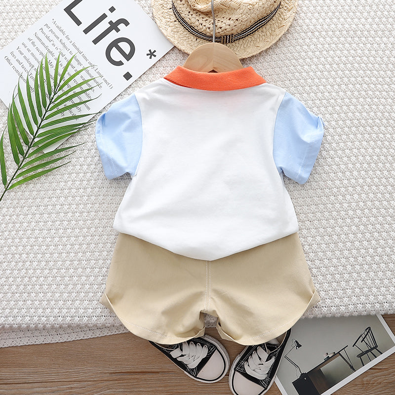 Kids White Printed Polo Collar Pure Cotton T-shirt With Shorts Clothing Set