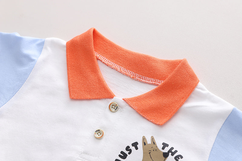 Kids White Printed Polo Collar Pure Cotton T-shirt With Shorts Clothing Set