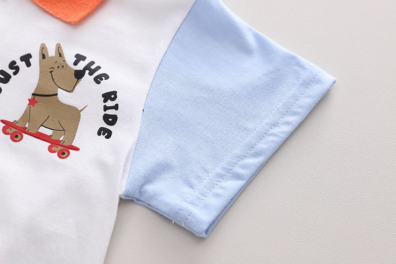 Kids White Printed Polo Collar Pure Cotton T-shirt With Shorts Clothing Set
