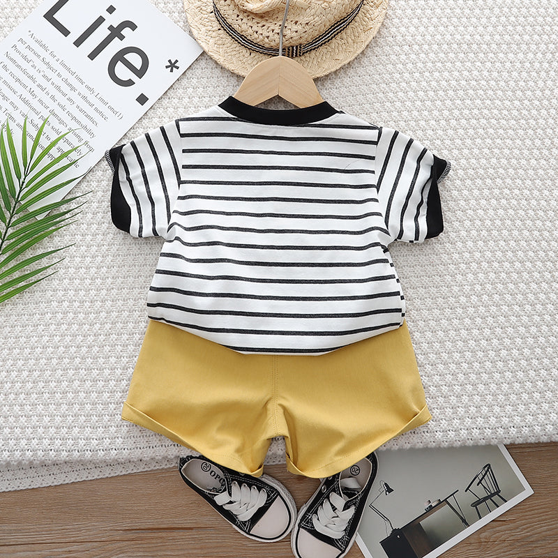 Kids Black Striped Pure Cotton T-shirt with Shorts